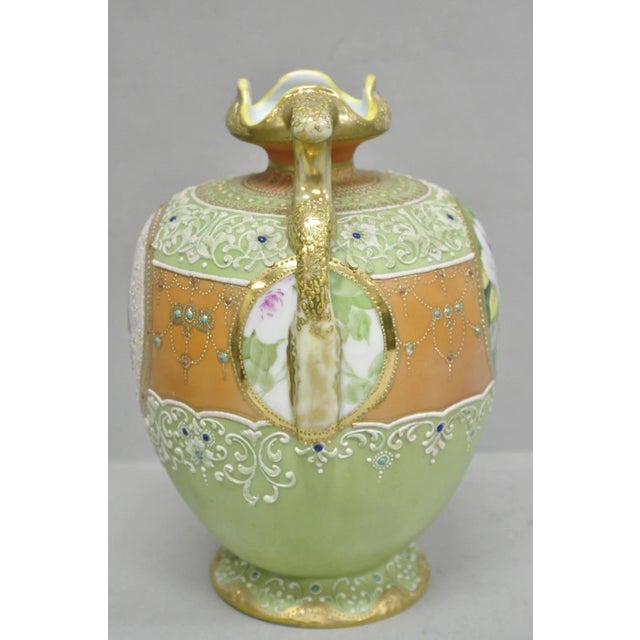 Antique Nippon Hand Painted Porcelain Green Moriage Twin Handle Portrait Vase For Sale - Image 14 of 17
