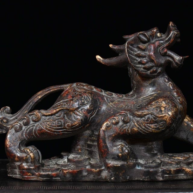 Metal Bronze Mythical Beast Sculpture, Guardian Lion or Pixiu For Sale - Image 7 of 10