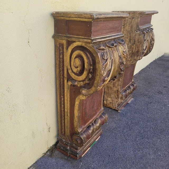 17th Century Italian Baroque Carved, Painted and Gilded Wood Wall Brackets, Set of 2 For Sale - Image 12 of 18
