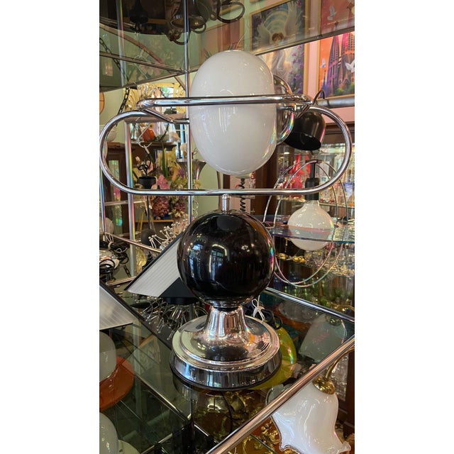 Space Age Style Table Lamp in Chrome, Opaline Glass and Black Sphere, 1970s For Sale - Image 3 of 5