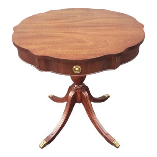 Refinished Mid-Century Mahogany Single Drawer QuadPod Pedestal Drum Table For Sale