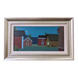 Contemporary Modernist Style Swedish "Houses at Midnight" Framed Street Scene Oil Painting, 1998