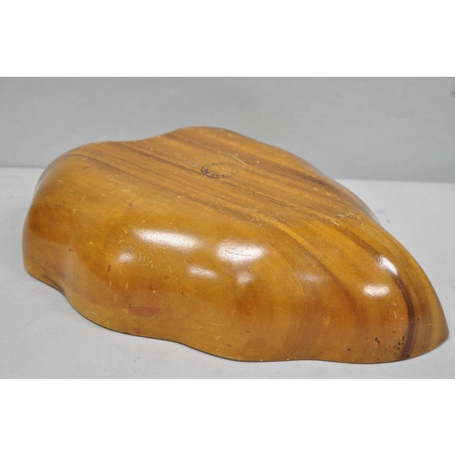 Vintage Mid Century Modern Monkey Pod Carved Koa Wood Banana Leaf 16" Fruit Bowl For Sale - Image 12 of 16