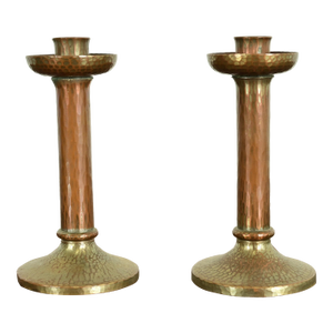 Roycroft Arts & Crafts Brass Finished Hammered Copper Candlesticks, Pair