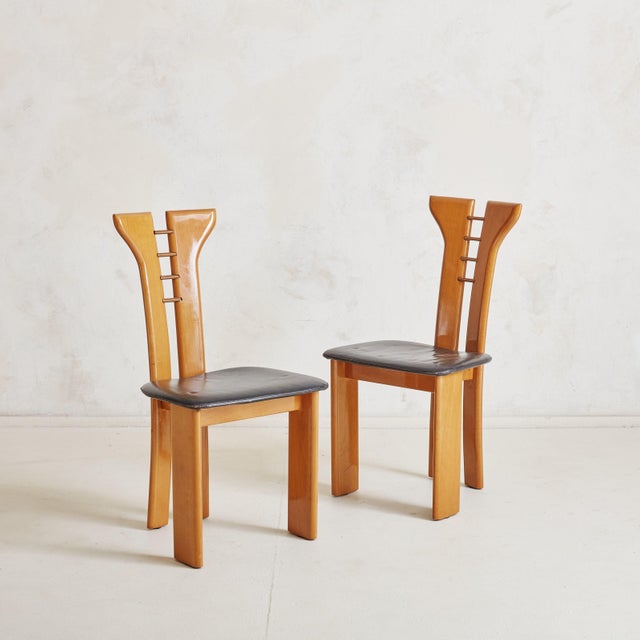 1970s Set of 4 Wood + Black Leather Dining Chairs Attributed to Pierre Cardin For Sale - Image 5 of 11