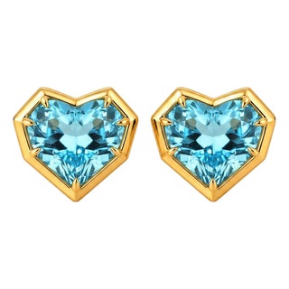 Geometric Heart Topaz Stud Earrings, Silver, Gold, Pair For Sale