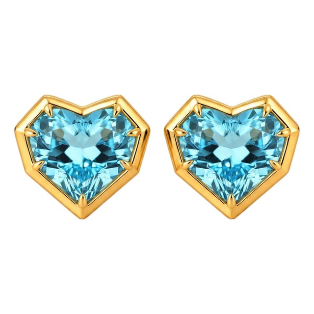 Geometric Heart Topaz Stud Earrings, Silver, Gold, Pair For Sale