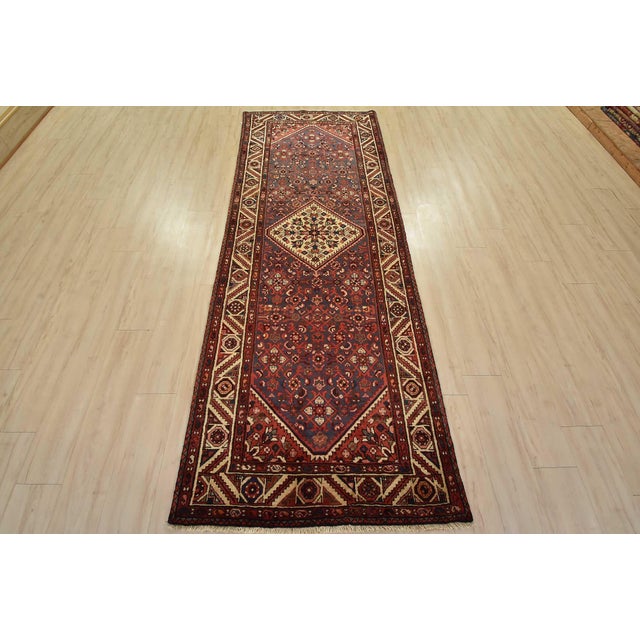 Tribal Hamedan Runner 3’8” X 9’10” Blue Wool Vintage Tribal Hand-Knotted Rug For Sale - Image 3 of 13