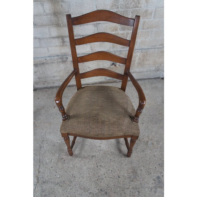Wood Mid 20th Century Vintage Oak Country French Farmhouse Ladder Back Upholstered Dining Arm Chairs - Set of 4 For Sale - Image 7 of 12
