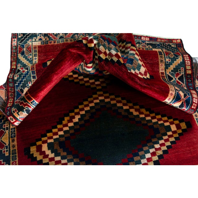 Hand-Knotted Gabbeh Nomad Rug with Geometry & Deep Colors For Sale - Image 9 of 11