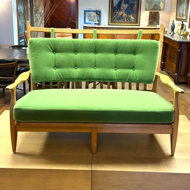 Guillerme et Chambron Mid Century Oak Settee by Guillerme Et Chambron With Mohair Velvet, France 1950s For Sale - Image 4 of 9