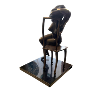 Artist Executed Bronze Female Sculpture Resting on Chair Stone Base