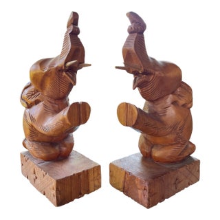 Wood Carved Mid Century Elephant Book Ends For Sale