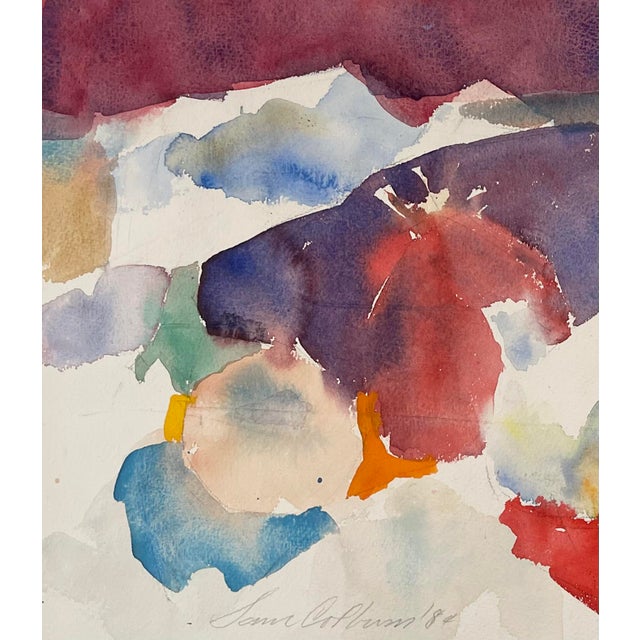 Postmodern abstract still life watercolor by Sam Colburn, circa 1984. Vibrant shades of eggplant, mauve, bordeaux, plum,...