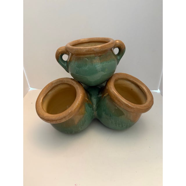 Mid 20th Century Vintage Drip Glaze Triple Planter, Green & Ochre Ceramic, Mid-Century Organic Modern Accent For Sale - Image 5 of 9
