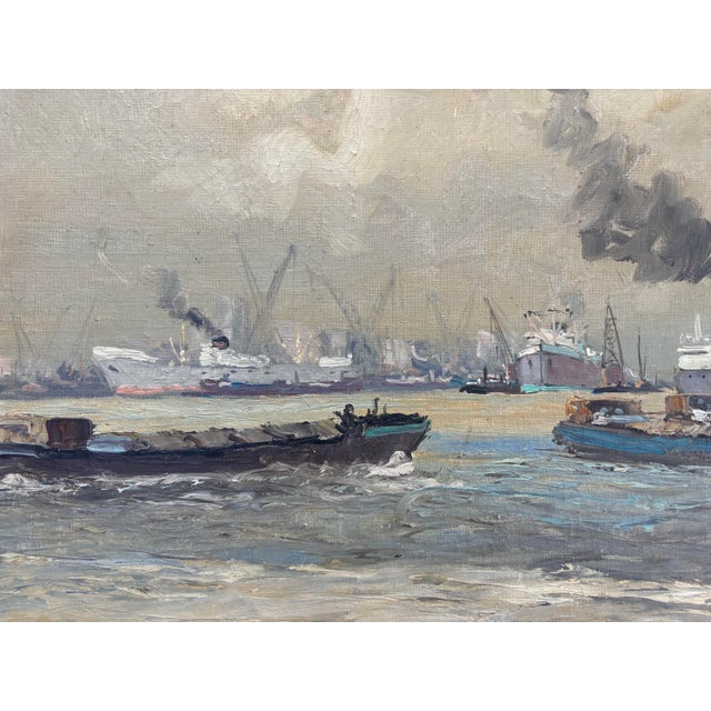 Blue Midcentury Harbor Seascape Oil on Canvas, Framed For Sale - Image 8 of 12