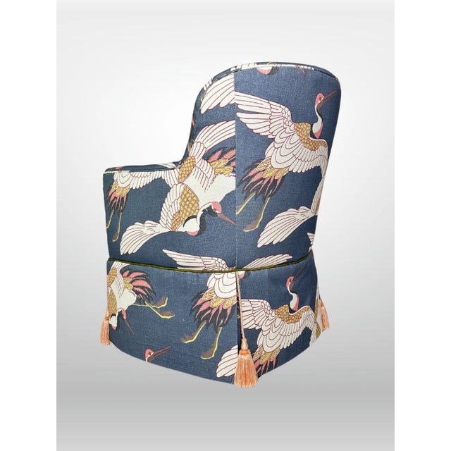 Textile Upholstered Arm Chairs With Blue Heron Print & Tassels For Sale - Image 7 of 11