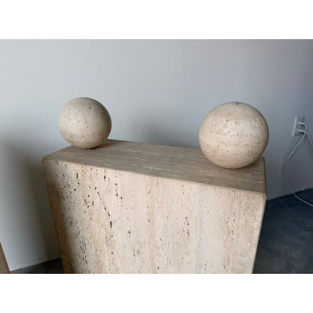 On Hold // 1980’s Postmodern Italian Geometric Travertine Dining Table Base - A Pair For Sale - Image 9 of 16