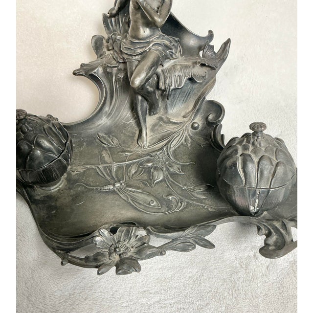 Antique Art Nouveau Pewter Double Inkwell Naked Woman Dragonfly, C. 1880s-1900s For Sale - Image 9 of 12
