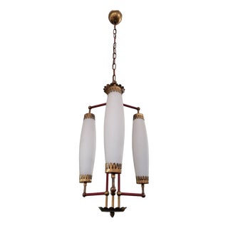 Brass and Opaline Glass Chandelier, 1950s For Sale
