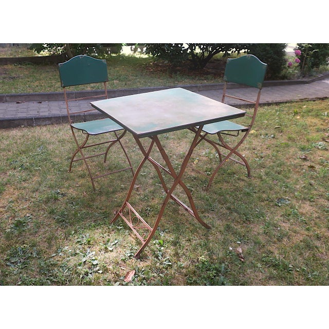 Mid-Century Distressed Painted Iron Garden Table and Chairs, Set of 3 For Sale - Image 9 of 17