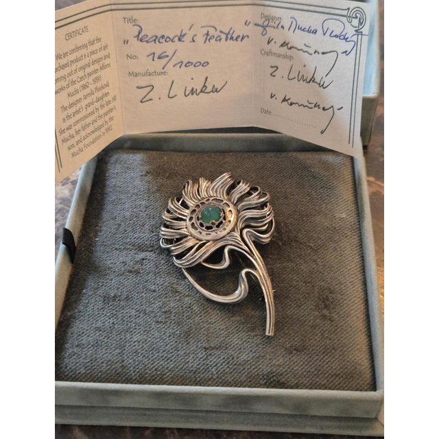 Peacock Feather No. 16/1000 Brooch in Silver & Chrysoprase in the style of Alphonse Mucha, 1992 For Sale - Image 12 of 16