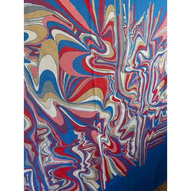Amazing, groovy, fantastic late 60's to early 70's abstract textile wall hanging. A beautiful Lapis blue background with a...