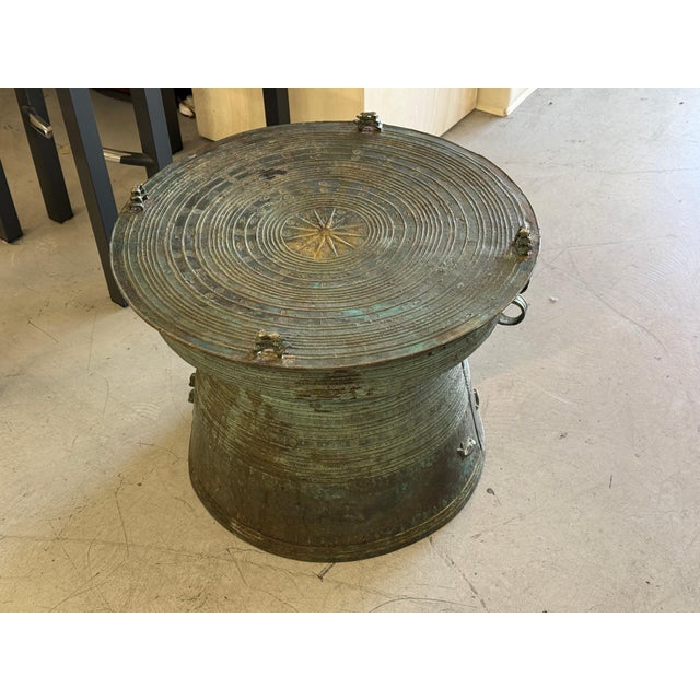 A beautifully detailed and patinated Southeast Asian bronze rain drum. It has nice detail and great color. Great size as...