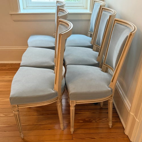 Set of Six Louis XVI Painted Dining Chairs With Blue Velvet