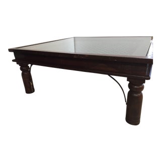 20th Century Anglo Indian Wooden Coffee Table With Iron and Glass For Sale