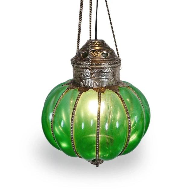 Indian Vintage Green Glass Pumpkin Pendant Light Medium For Sale - Image 3 of 7