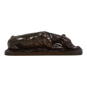French Bronze Sculpture "Reclining Greyhound" by Christophe Fratin Circa 1860