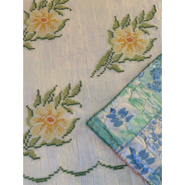 Antique Handmade Embroidered Quilt – Floral Folk Art Bedspread, Reversible, 92” X 95” For Sale - Image 9 of 13