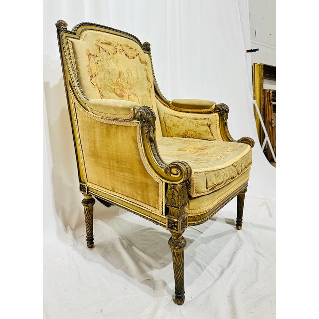Late 19th Century French Louis XVI Style Belle Epoch Aubusson-Style Needlepoint Bergère Lounge Chair For Sale - Image 4 of 7