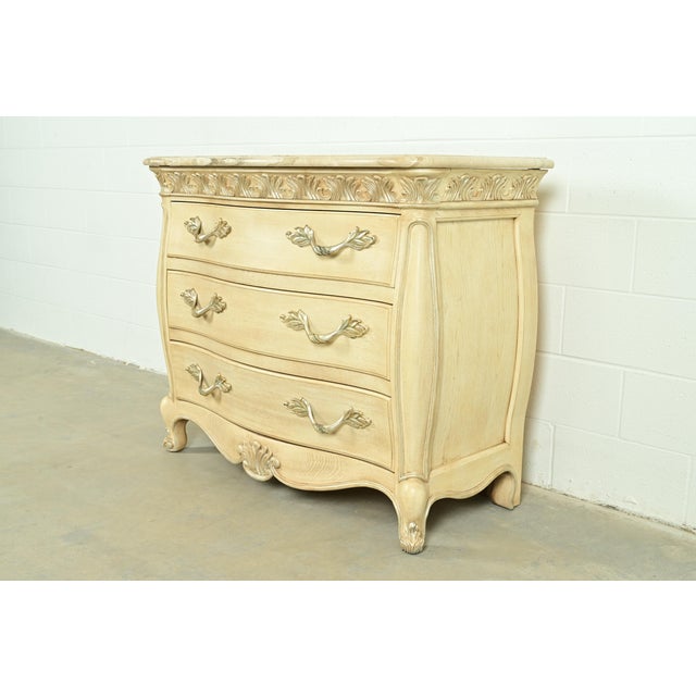 French Provincial Henredon French Rococo Louis XV Carved Oak and Silver Gilt Marble Top Commode or Chest of Drawers For Sale - Image 3 of 18