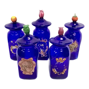 Set of 5 Large Vintage Venetian Glass Apothecary Jars With Lids and Fruit Handles