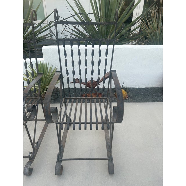 Vintage Mid-Century Era Southwest Spanish Revival Wrought Iron Large Patio Garden Chairs Pair For Sale In Palm Springs - Image 6 of 6