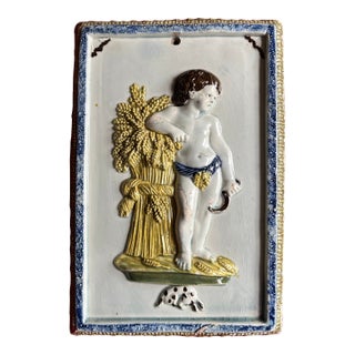 Antique 18th Century English George III Prattware Creamware Four Seasons Wall Plaque - Cherub Emblematic of Summer Wheat Harvest For Sale
