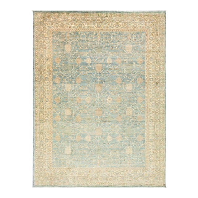 Modern Khotan Style Handmade Wool Rug in Blue With Allover Pattern For Sale