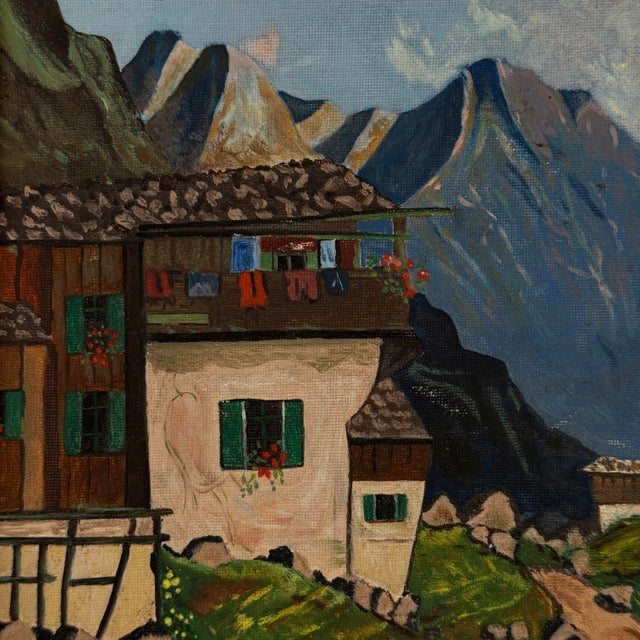 Vintage Original Alpine Village Landscape Oil Painting For Sale In Tampa - Image 6 of 11