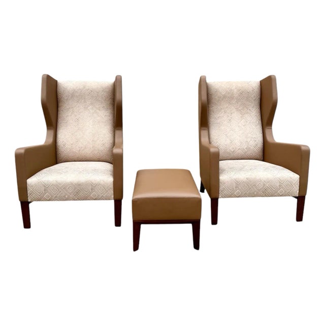 Holly Hunt Darder Leather Contemporary Wingback Chairs and Ottoman For Sale