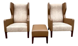 Holly Hunt Darder Leather Contemporary Wingback Chairs and Ottoman