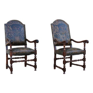Pair of Early 18th Century Carved Wood Armchairs With Embossed Leather Upholstery For Sale