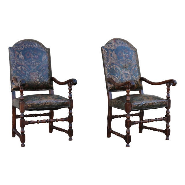 Pair of Early 18th Century Carved Wood Armchairs With Embossed Leather Upholstery For Sale