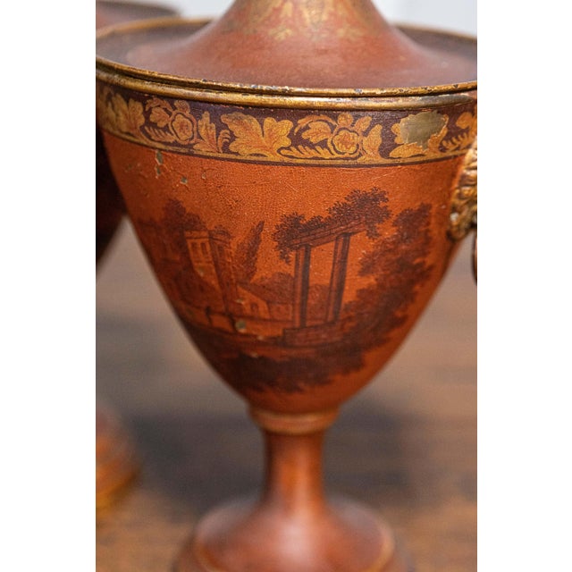French Pair of Italian 19th Century Napoleon III Lacquered Tin Lidded Vases with Scenes For Sale - Image 3 of 11