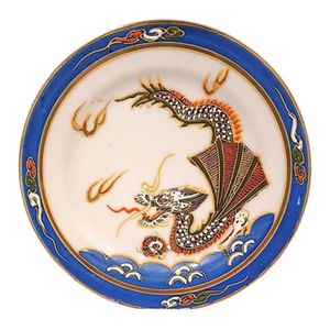 1950s Japanese Moriage Hand Painted Dragonware Plate with Blue Band & 3D Dragon Flame