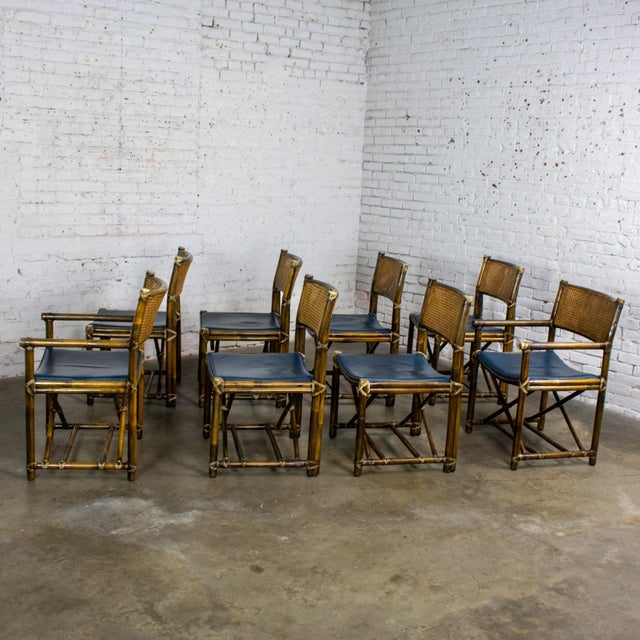 Brown Late 20th Century Campaign Style Set of 8 Dining Chairs by McGuire Rattan Cane & Navy Leather For Sale - Image 8 of 18