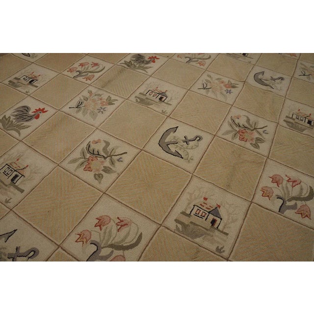 Beige 1930s Beige Rose Animal Folk Art Antique American Hooked Rug 10'0" X 13'9" Woven Wool Carpet For Sale - Image 8 of 9