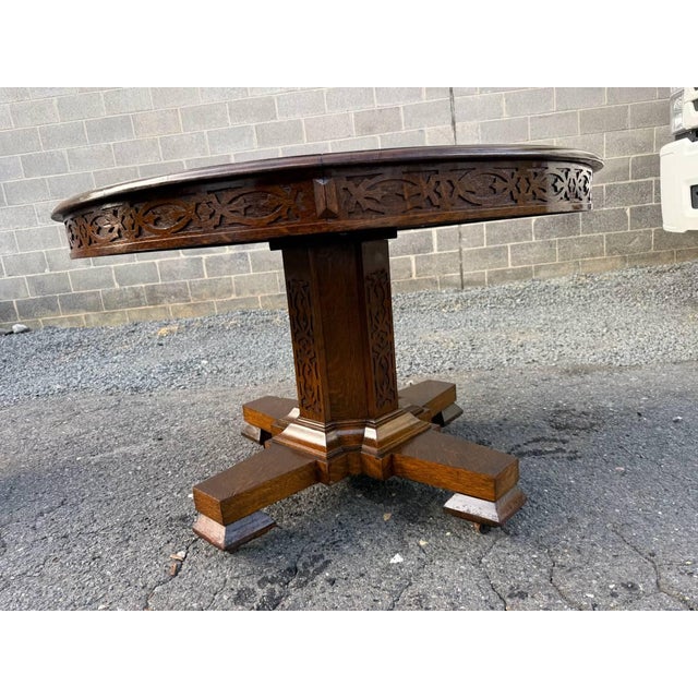 Antique Hand Carved Tiger Oak Pedestal Base Dining Table. For Sale In Washington DC - Image 6 of 17