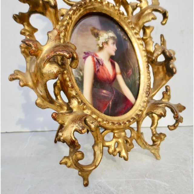 Mid 19th Century Antique Porcelain Maiden in Gilt Wood Frame Circa 1880s For Sale - Image 5 of 11